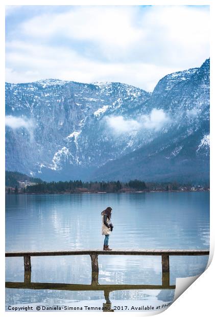 Woman on a bridge in the Austrian Alps Print by Daniela Simona Temneanu