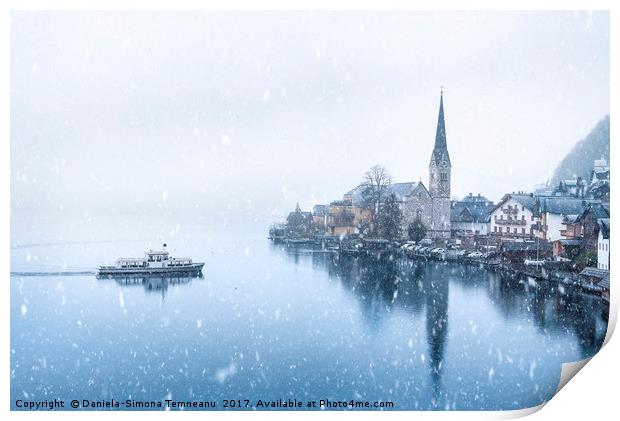 Hallstatt town and a boat under snowfall Print by Daniela Simona Temneanu