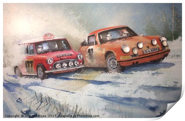 Racing in the 1967 Monte Carlo Rally Print by John Lowerson