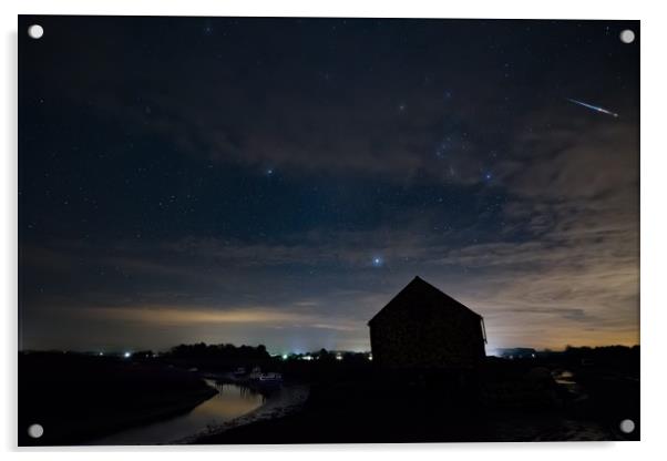 A bright Geminids meteor over the old coal barn Acrylic by Gary Pearson