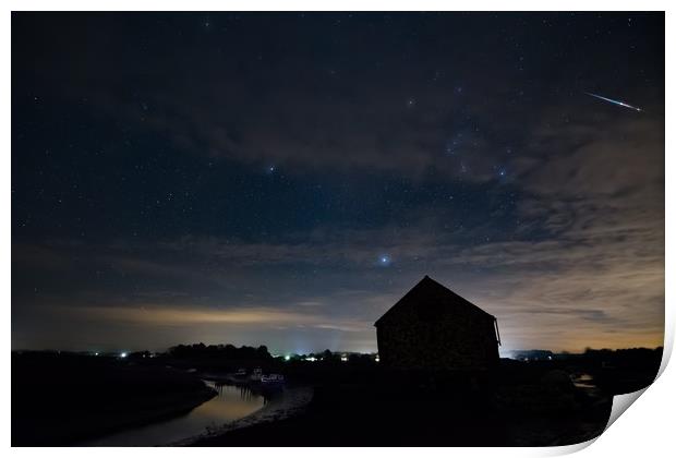 A bright Geminids meteor over the old coal barn Print by Gary Pearson