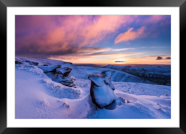 Winter sunrise over Ringing Roger rocks, Kinda Sco Framed Mounted Print by John Finney