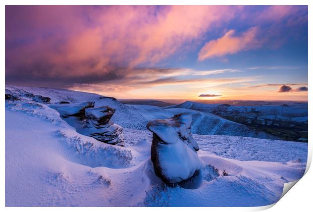 Winter sunrise over Ringing Roger rocks, Kinda Sco Print by John Finney