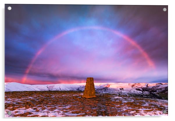 Winter rainbow over Mam Tor summit, Derbyshire Acrylic by John Finney