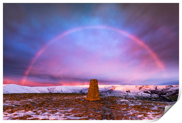 Winter rainbow over Mam Tor summit, Derbyshire Print by John Finney