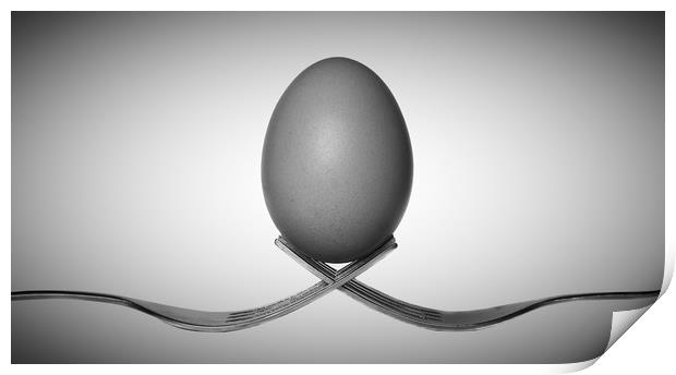 Egg balancing on two forks Print by Donnie Canning