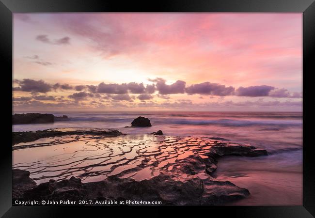 Brain Rock Sunset, Surfers Beach, El Cotillo Framed Print by John Parker