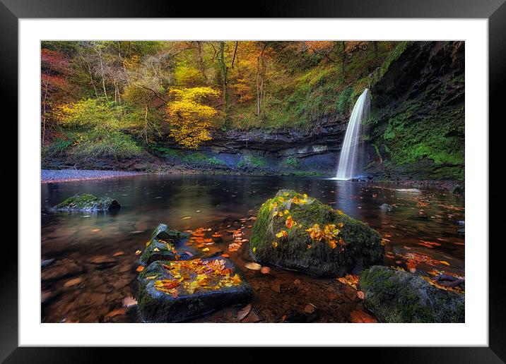 Autumn leaves at Sgwd Gwladus Framed Mounted Print by Leighton Collins