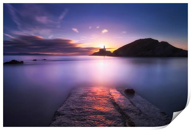 Mumbles lighthouse at dawn Print by Leighton Collins