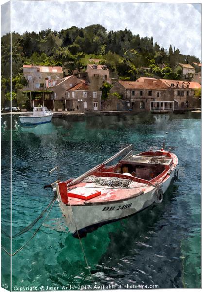 Small boat moored in Sudjuradi Canvas Print by Jason Wells