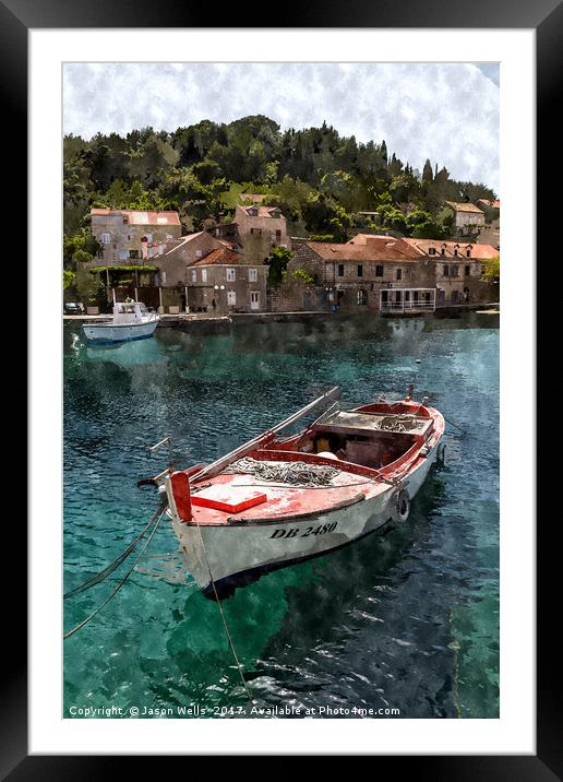 Small boat moored in Sudjuradi Framed Mounted Print by Jason Wells