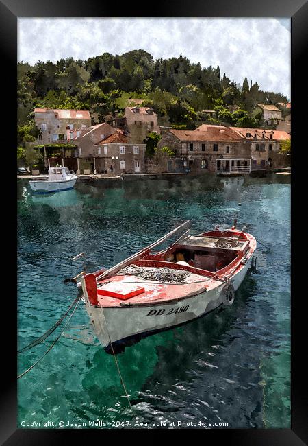 Small boat moored in Sudjuradi Framed Print by Jason Wells