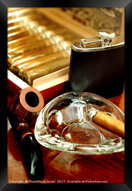 pipe, cigars and a flask of scotch whiskey  Framed Print by PhotoStock Israel