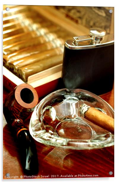 pipe, cigars and a flask of scotch whiskey  Acrylic by PhotoStock Israel