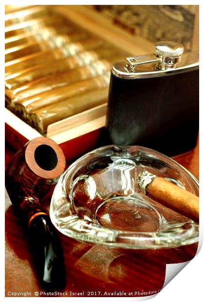 pipe, cigars and a flask of scotch whiskey  Print by PhotoStock Israel