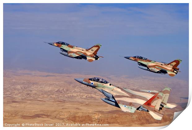 2 F16 and one F15 Israeli Air Force fighter jets Print by PhotoStock Israel