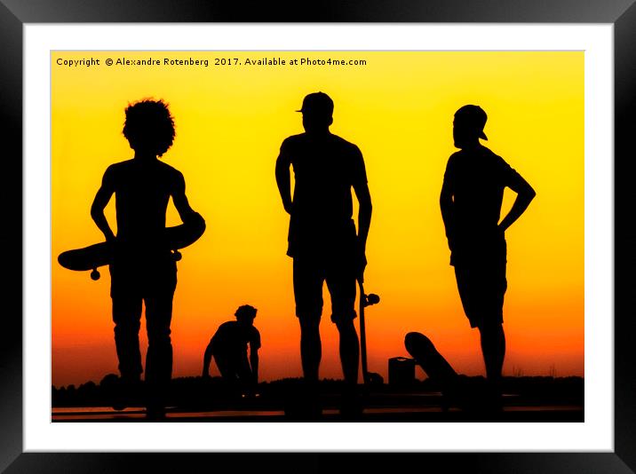 Silhouette of Skaters at sunset Framed Mounted Print by Alexandre Rotenberg