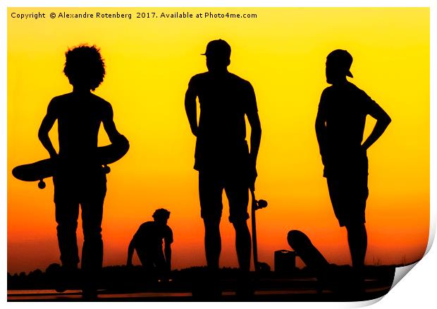 Silhouette of Skaters at sunset Print by Alexandre Rotenberg