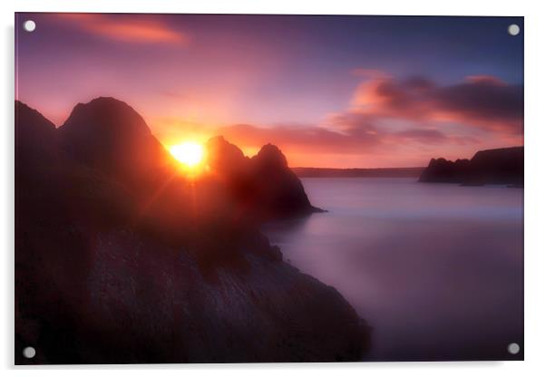 Three Cliffs Bay sunset Acrylic by Leighton Collins
