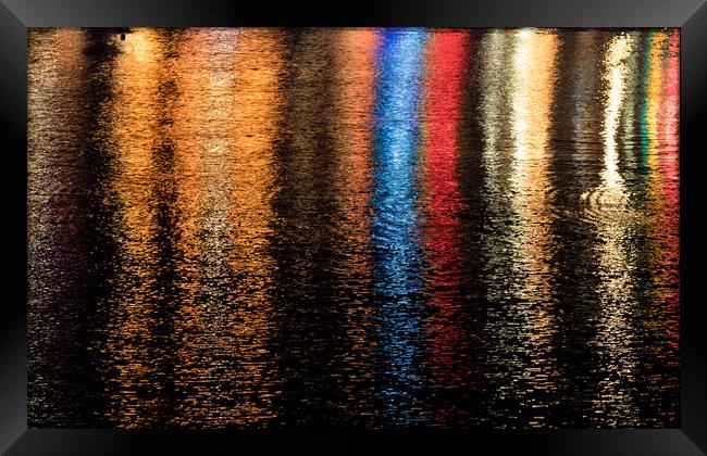 Multicoloured lights refelcted in water  Framed Print by Chris Warham