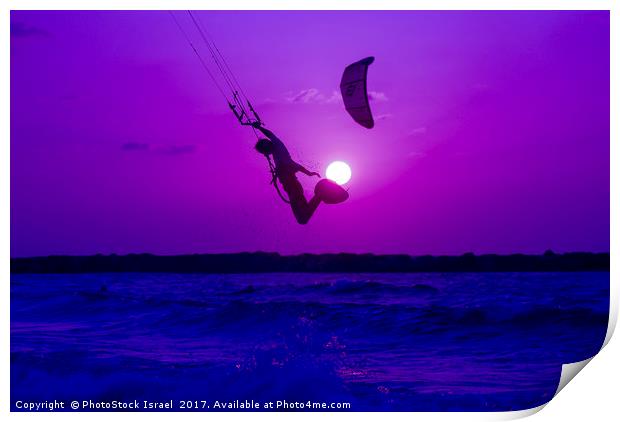 Kite surfing at sunset Print by PhotoStock Israel