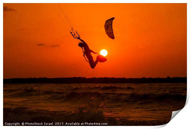 Kite surfing at sunset Print by PhotoStock Israel