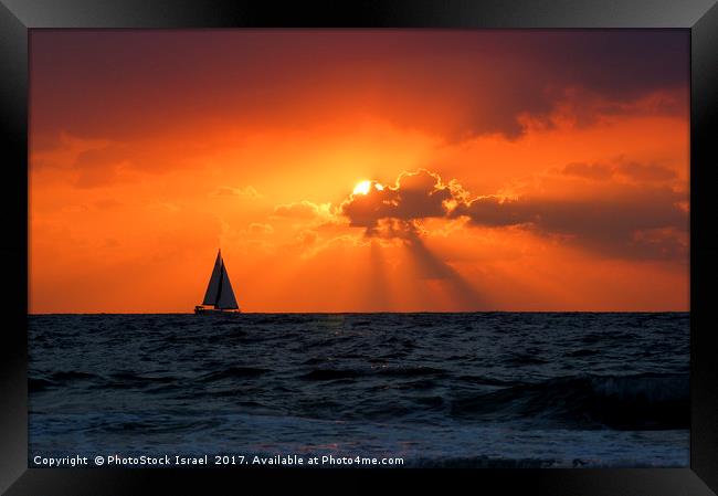 Mediterranean Sun Set and sailboat Framed Print by PhotoStock Israel