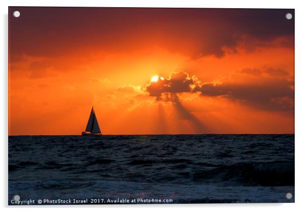 Mediterranean Sun Set and sailboat Acrylic by PhotoStock Israel