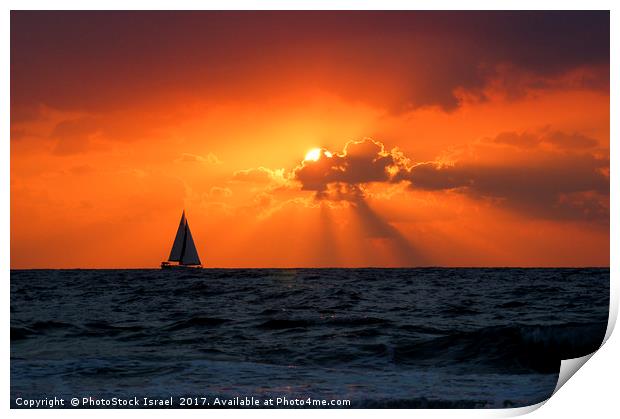Mediterranean Sun Set and sailboat Print by PhotoStock Israel