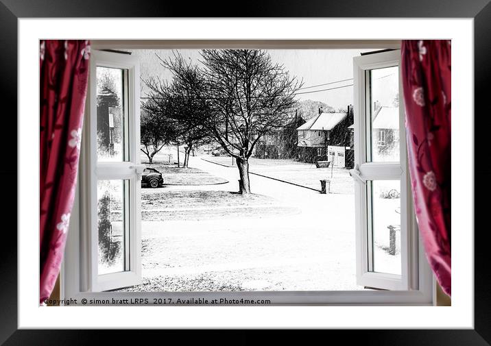 Beautiful winter scene through an open window Framed Mounted Print by Simon Bratt LRPS