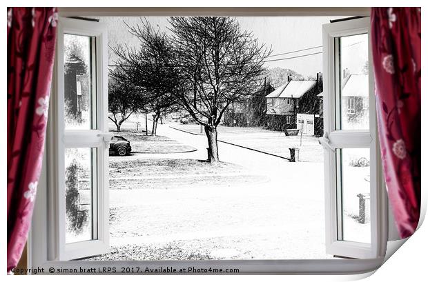 Beautiful winter scene through an open window Print by Simon Bratt LRPS