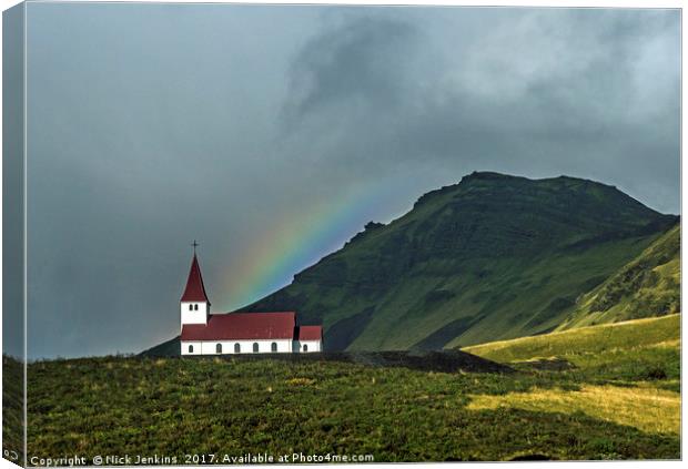 Vik Church and Rainbow Iceland Canvas Print by Nick Jenkins