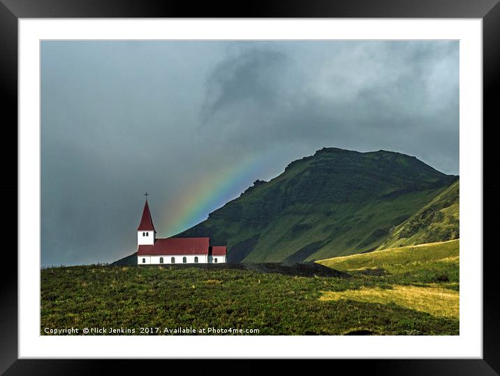 Vik Church and Rainbow Iceland Framed Mounted Print by Nick Jenkins