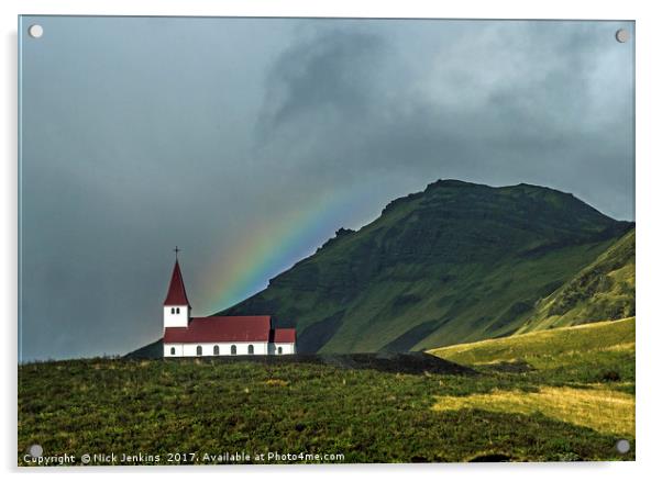 Vik Church and Rainbow Iceland Acrylic by Nick Jenkins
