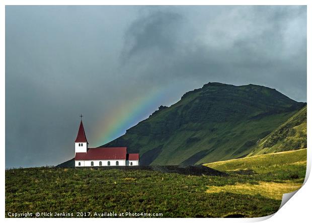 Vik Church and Rainbow Iceland Print by Nick Jenkins