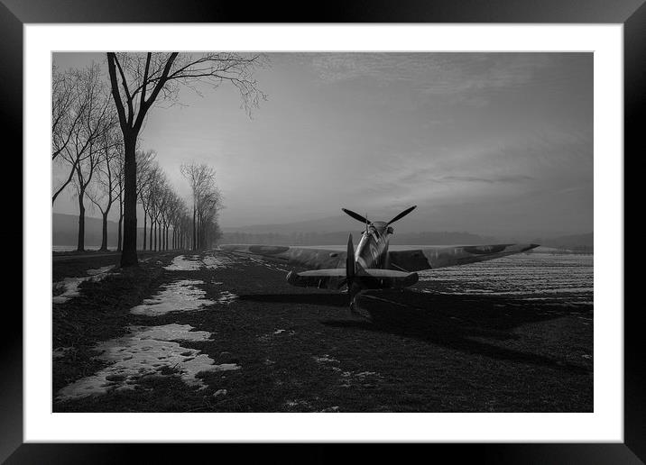 Spitfire in winter, black and white version Framed Mounted Print by Gary Eason