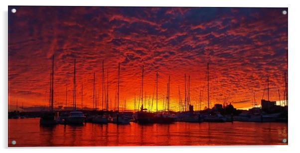 Vibrant red colored cloudy sunset seascape.   Acrylic by Geoff Childs