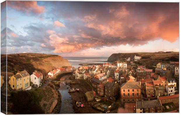 Sunset over Staithes Canvas Print by David Semmens