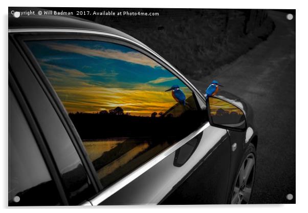 Sunset and kingfisher reflections in Audi window Acrylic by Will Badman