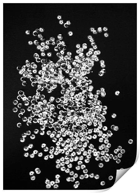 Silver sequins on black paper Print by Larisa Siverina