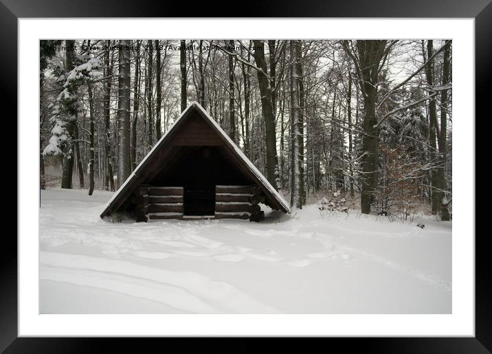 Log Hut In The Snow Framed Mounted Print by rawshutterbug 