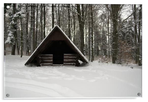 Log Hut In The Snow Acrylic by rawshutterbug 