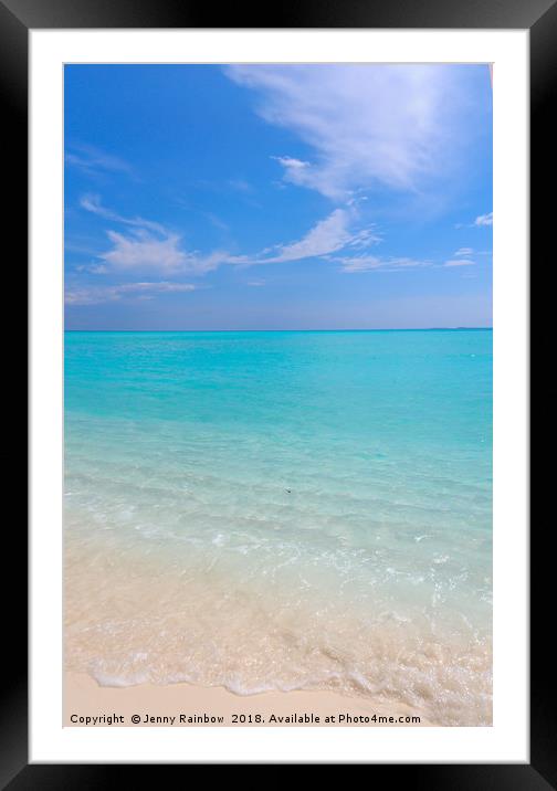 Peaceful white sandy beach with blue ocean lagoon Framed Mounted Print by Jenny Rainbow