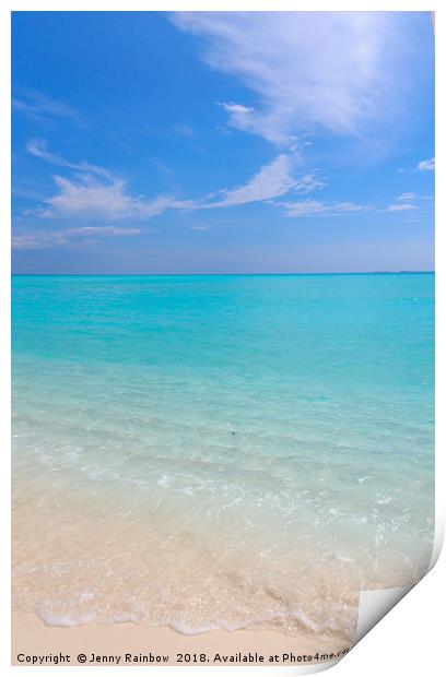 Peaceful white sandy beach with blue ocean lagoon Print by Jenny Rainbow