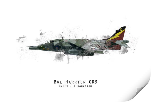 Harrier GR3 Sketch - XZ969 Print by J Biggadike