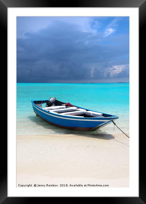 Blue Maldivian boat on the white sand beach Framed Mounted Print by Jenny Rainbow