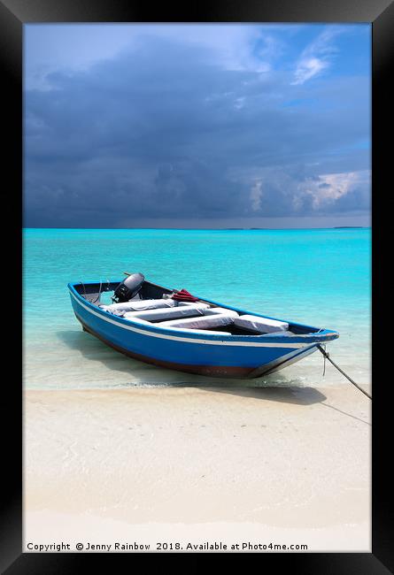 Blue Maldivian boat on the white sand beach Framed Print by Jenny Rainbow