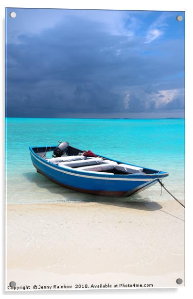 Blue Maldivian boat on the white sand beach Acrylic by Jenny Rainbow