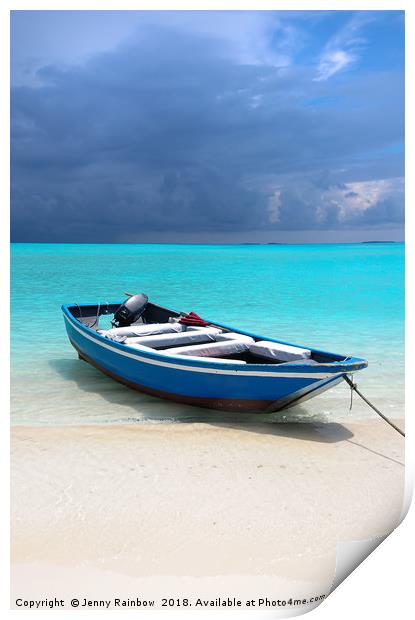 Blue Maldivian boat on the white sand beach Print by Jenny Rainbow