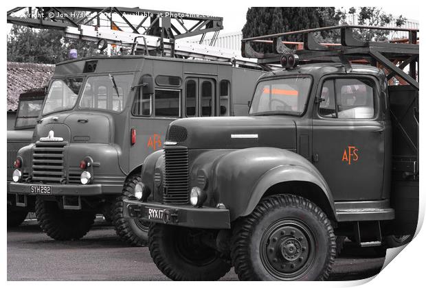 military fire engines Print by Jon Hyslop